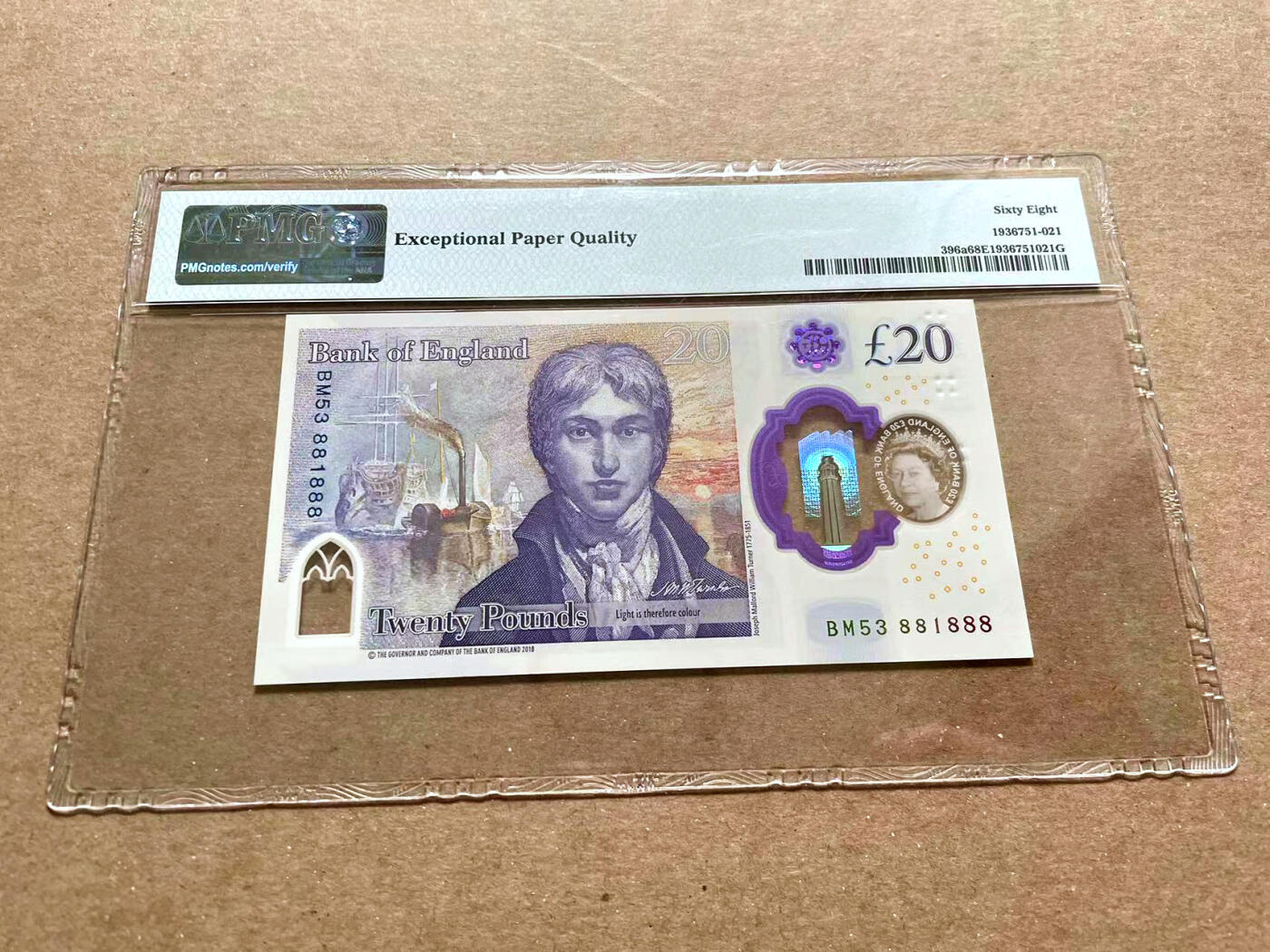 【Blue Auction】✨世界纸币精拍第476期【精】 【881888豹子号 倒置号 近全同8】英国 2018年20镑 PMG68EPQ 超高分