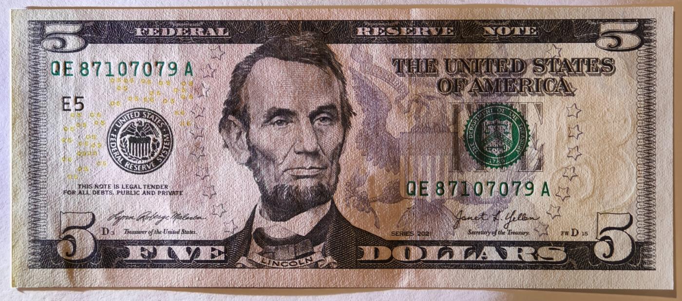 紫瑗钱币——第349期拍卖——纸币场 美国 2021年 E版 无序列 亚伯拉罕·林肯 5美元 彩色版 UNC