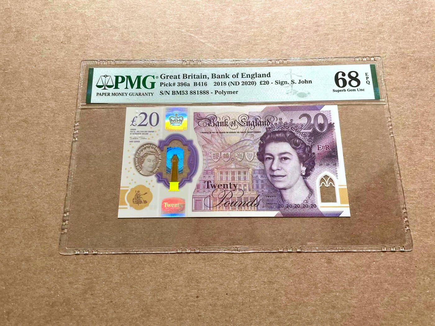 【Blue Auction】✨世界纸币精拍第476期【精】 【881888豹子号 倒置号 近全同8】英国 2018年20镑 PMG68EPQ 超高分