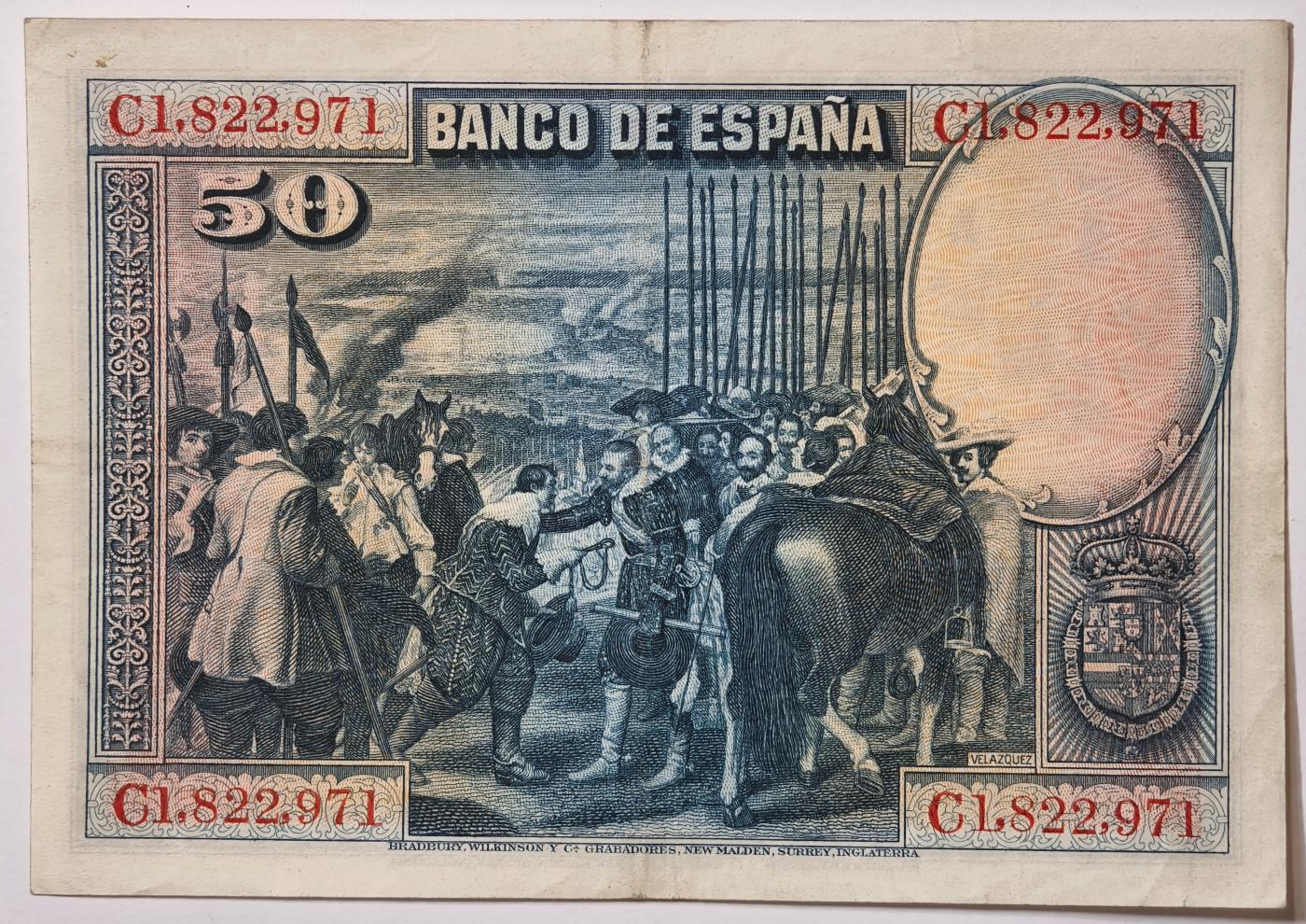 紫瑗钱币——第389期拍卖——纸币场 西班牙 1928年 油画《布雷达的献城》50比塞塔 AU