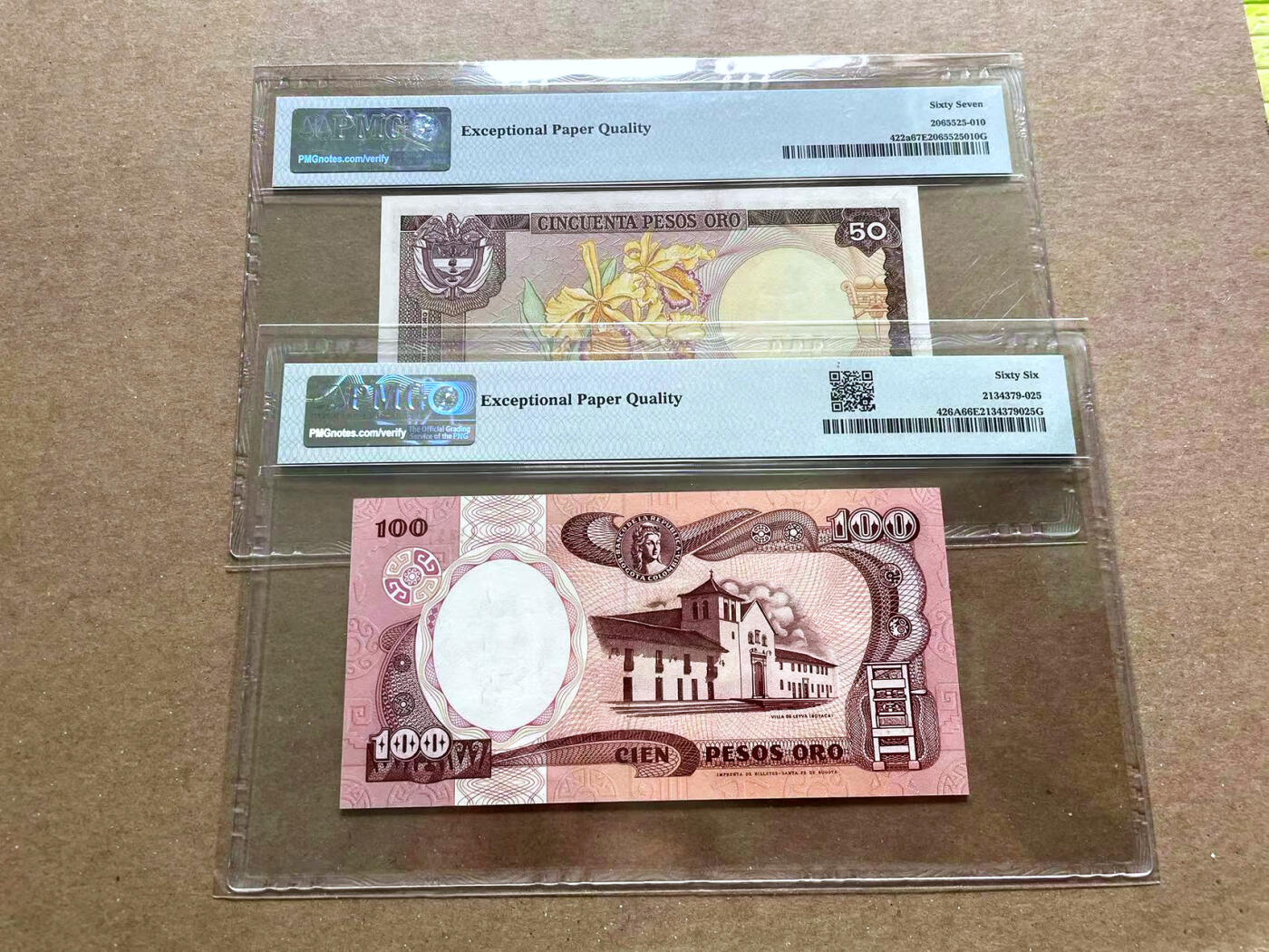【Blue Auction】✨世界纸币精拍第476期【精】 【一组2张】哥伦比亚 1980-91年50-100比索 PMG67EPQ-66EPQ 