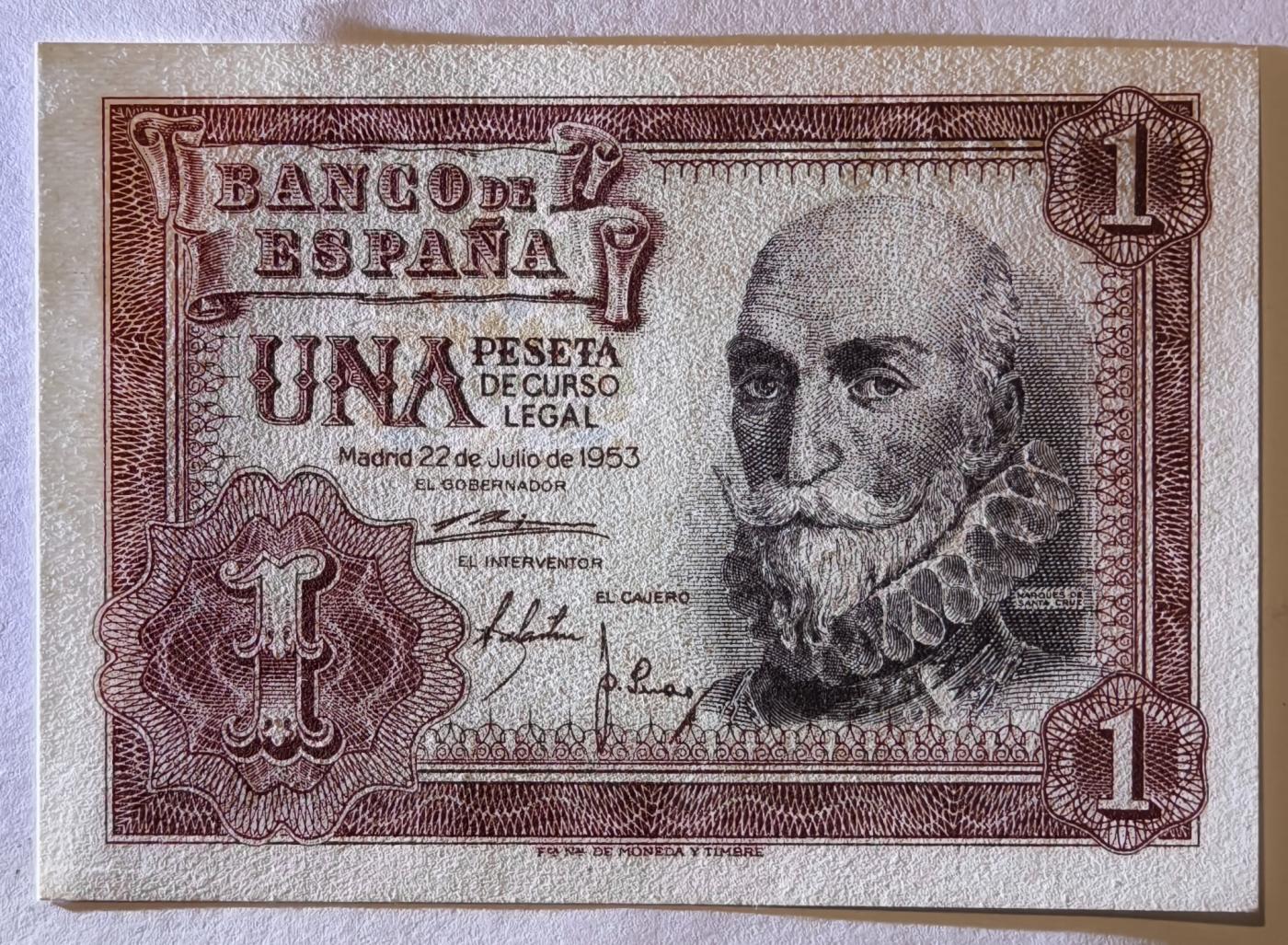 紫瑗钱币——第517期——纸币场 【A冠 双尾5】西班牙 1953年 阿尔瓦罗 1比塞塔 UNC (p-144a)