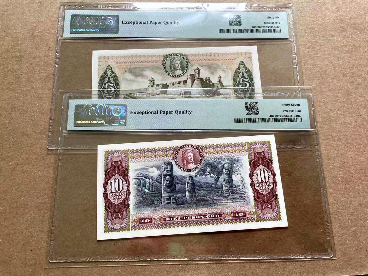 【Blue Auction】✨世界纸币精拍第476期【精】 【一组2张】哥伦比亚 1978-81年5-10比索 PMG67EPQ-66EPQ 