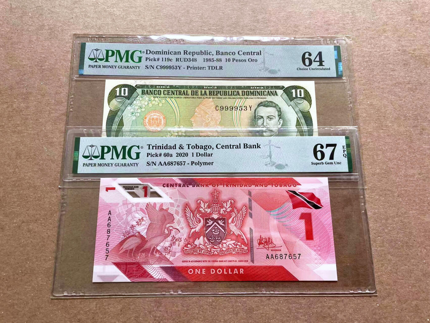 【Blue Auction】✨世界纸币精拍第476期【精】 【一组2张无47 AA】特立尼达和多巴哥 2020年1元 PMG67EPQ 高分&多米尼加 1985-88年10比索 PMG64