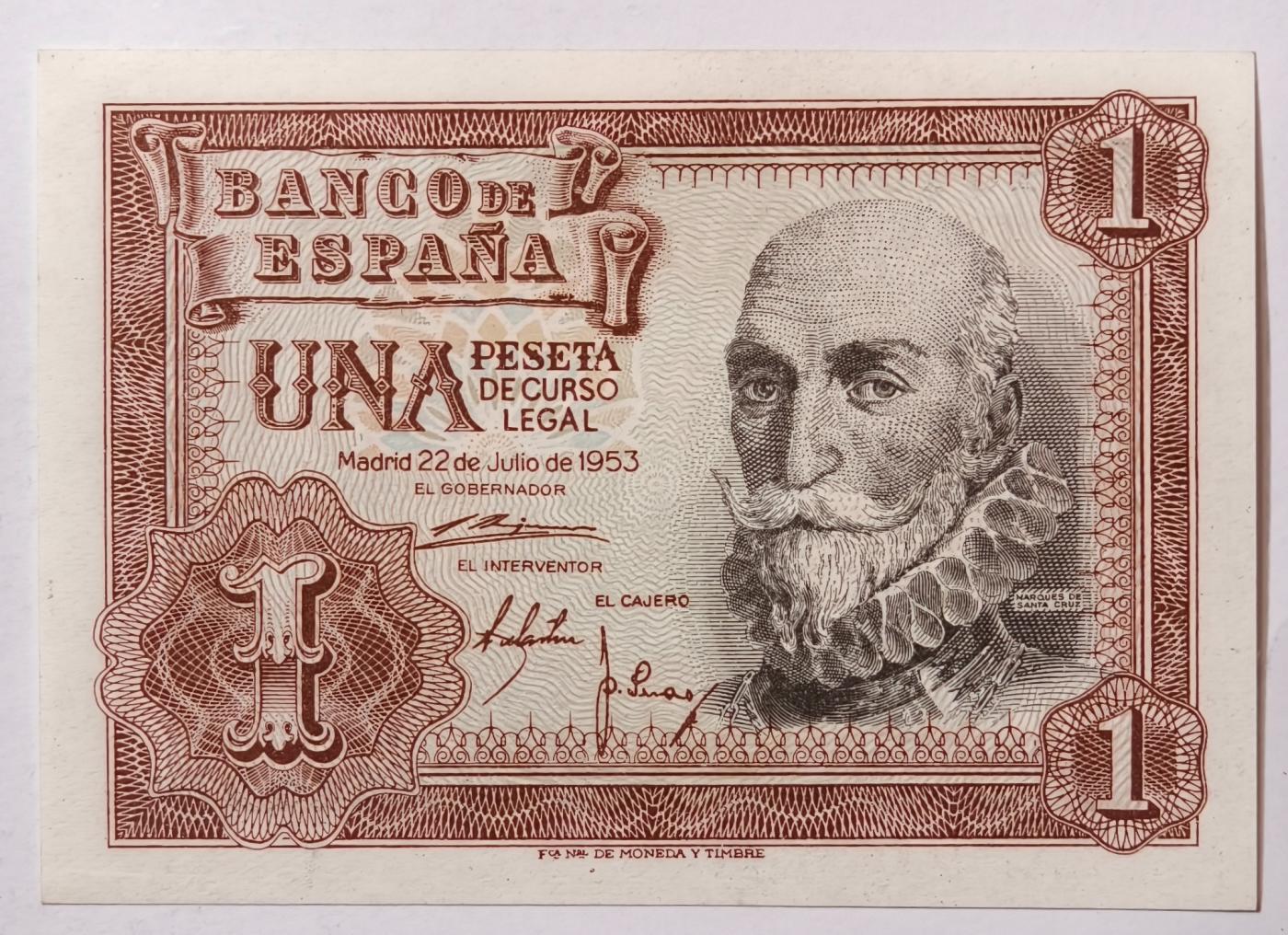 紫瑗钱币——第517期——纸币场 【A冠 双尾5】西班牙 1953年 阿尔瓦罗 1比塞塔 UNC (p-144a)