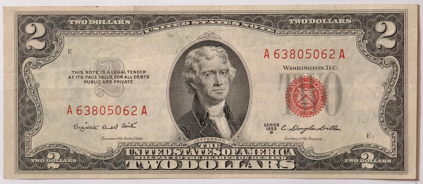 紫瑗钱币——第349期拍卖——纸币场 美国 1953年 B序列 托马斯·杰斐逊 2美元 红印 政府券 AU
