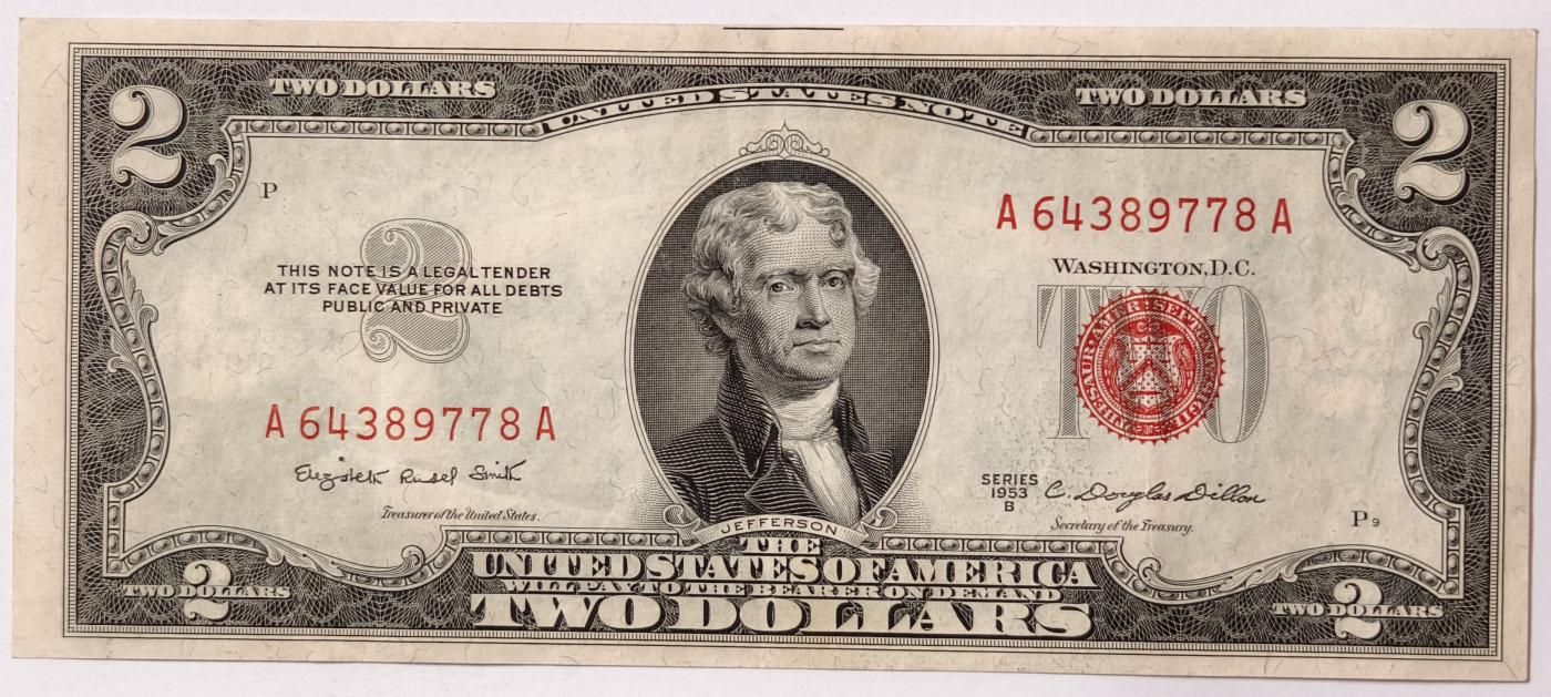 紫瑗钱币——第349期拍卖——纸币场 美国 1953年 B序列 托马斯·杰斐逊 2美元 红印 政府券 流通品