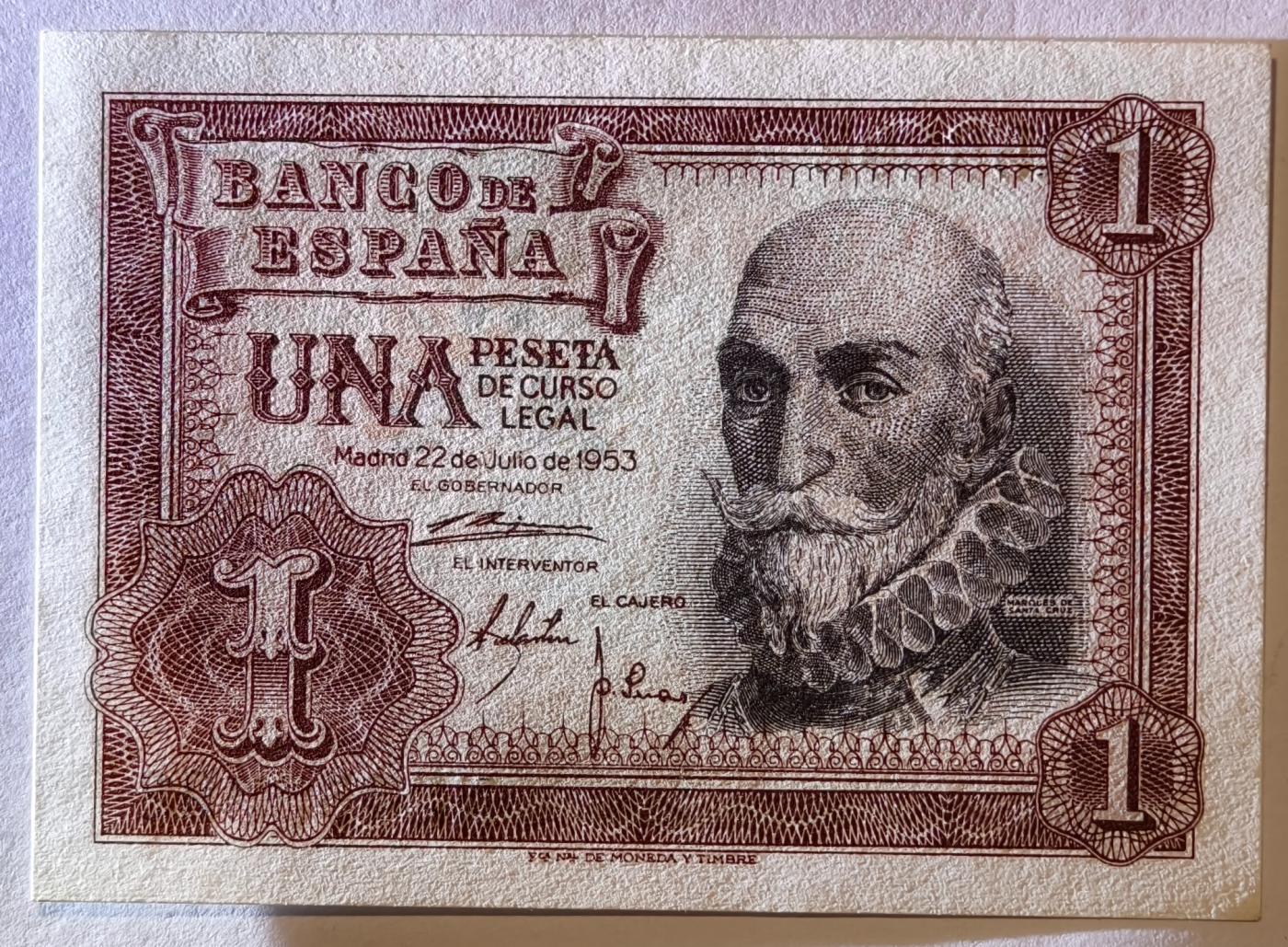 紫瑗钱币——第391期拍卖——纸币场 西班牙 1953年 阿尔瓦罗 1比塞塔 UNC (p-144a)