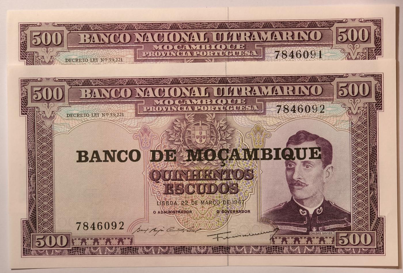 紫瑗钱币——第349期拍卖——纸币场 葡属莫桑比克 1967年 500埃斯库多 加盖 2张一组 UNC