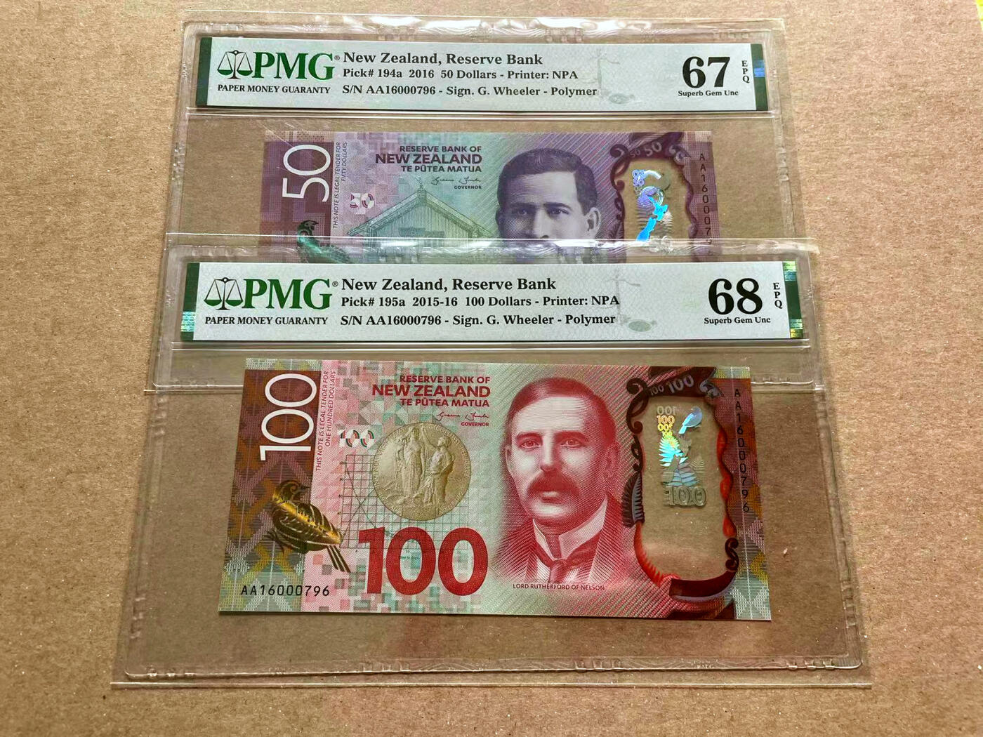 【Blue Auction】✨世界纸币精拍第476期【精】  【一组5张 AA冠796全同小号 含获奖钞】新西兰 2015年5-100元 PMG68EPQ-67EPQ 高分套装 