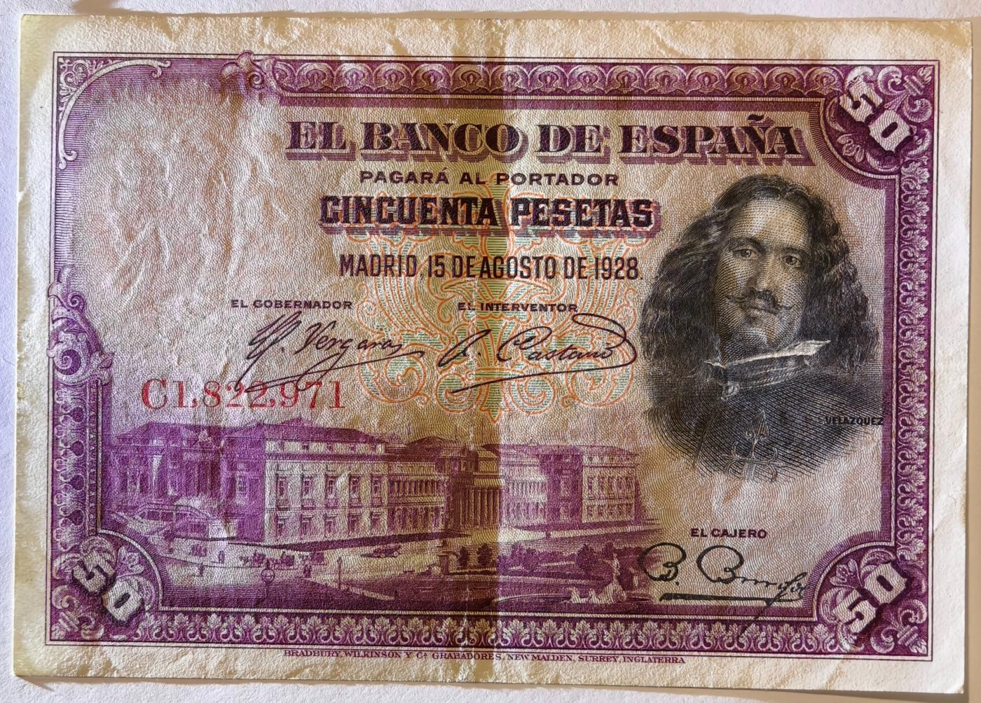 紫瑗钱币——第389期拍卖——纸币场 西班牙 1928年 油画《布雷达的献城》50比塞塔 AU