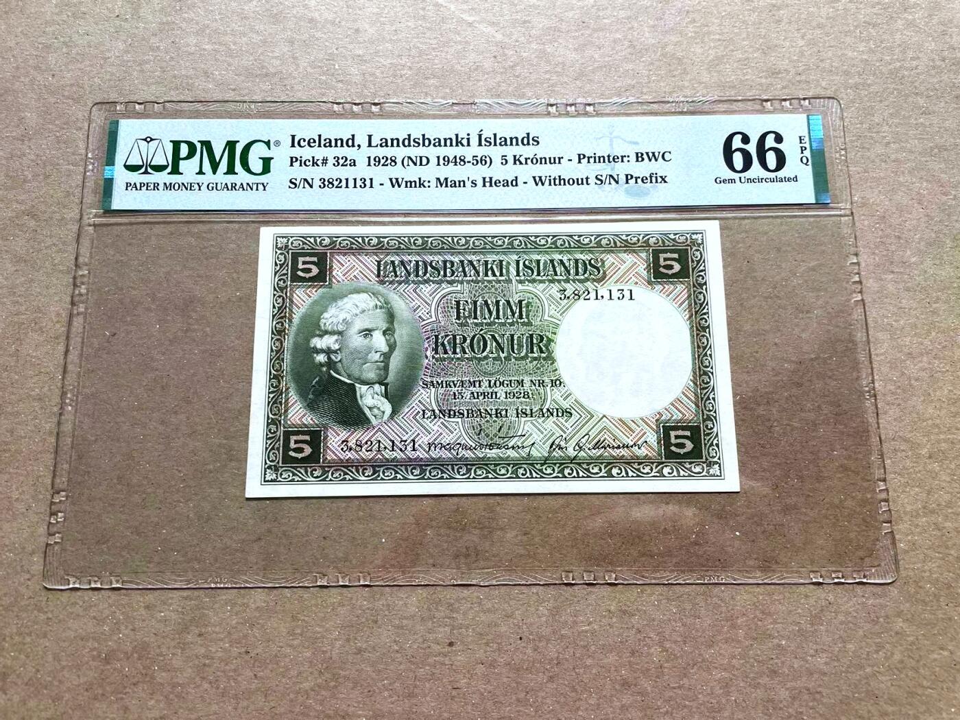 【Blue Auction】✨世界纸币精拍第476期【精】 【无47】冰岛 1928版5克朗 BWC出品 PMG66EPQ 