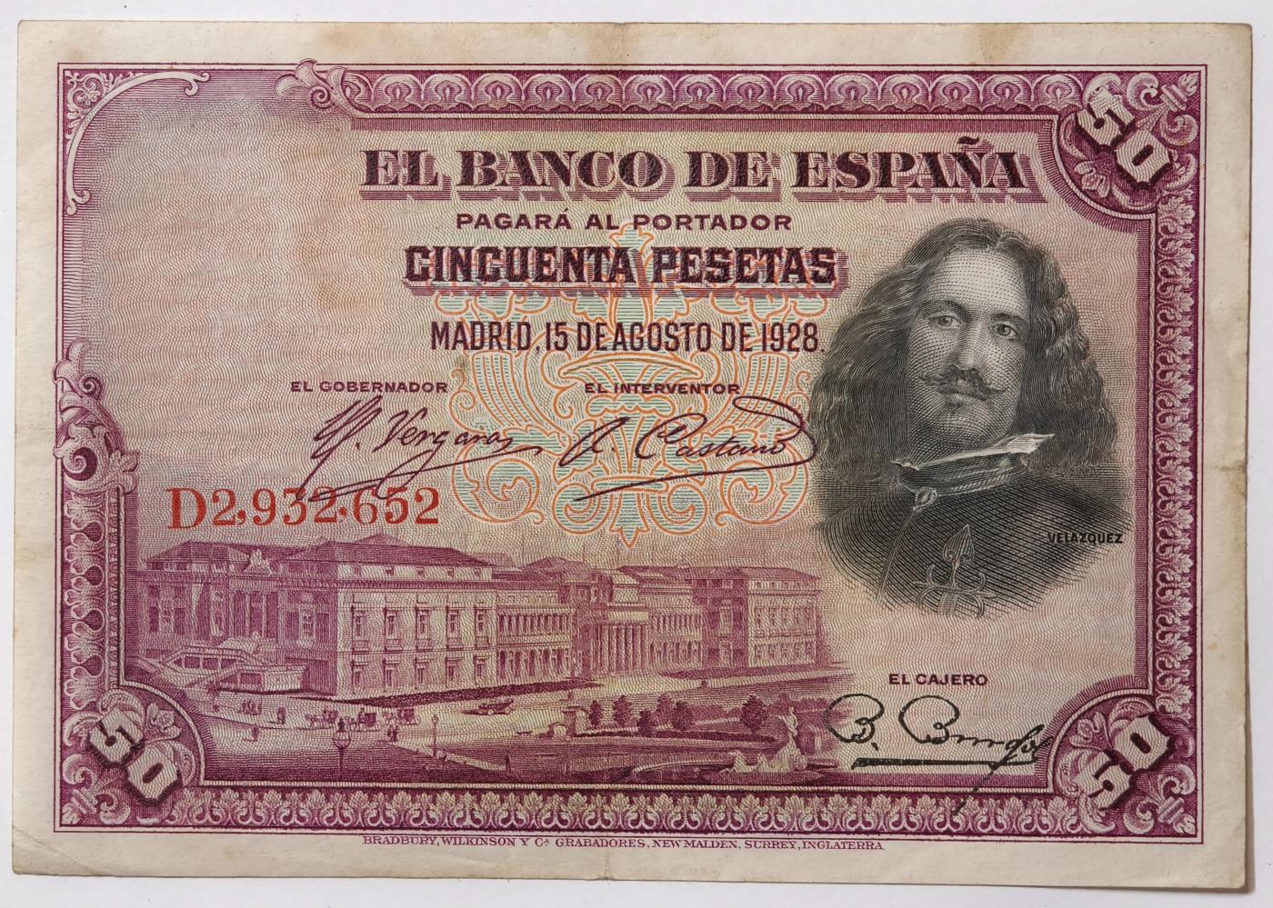 紫瑗钱币——第391期拍卖——纸币场 西班牙 1928年 油画《布雷达的献城》50比塞塔 UNC- 有折