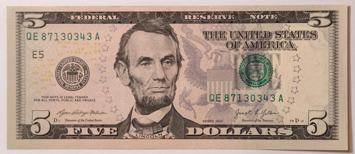 紫瑗钱币——第349期拍卖——纸币场 美国 2021年 E版 无序列 亚伯拉罕·林肯 5美元 彩色版 UNC