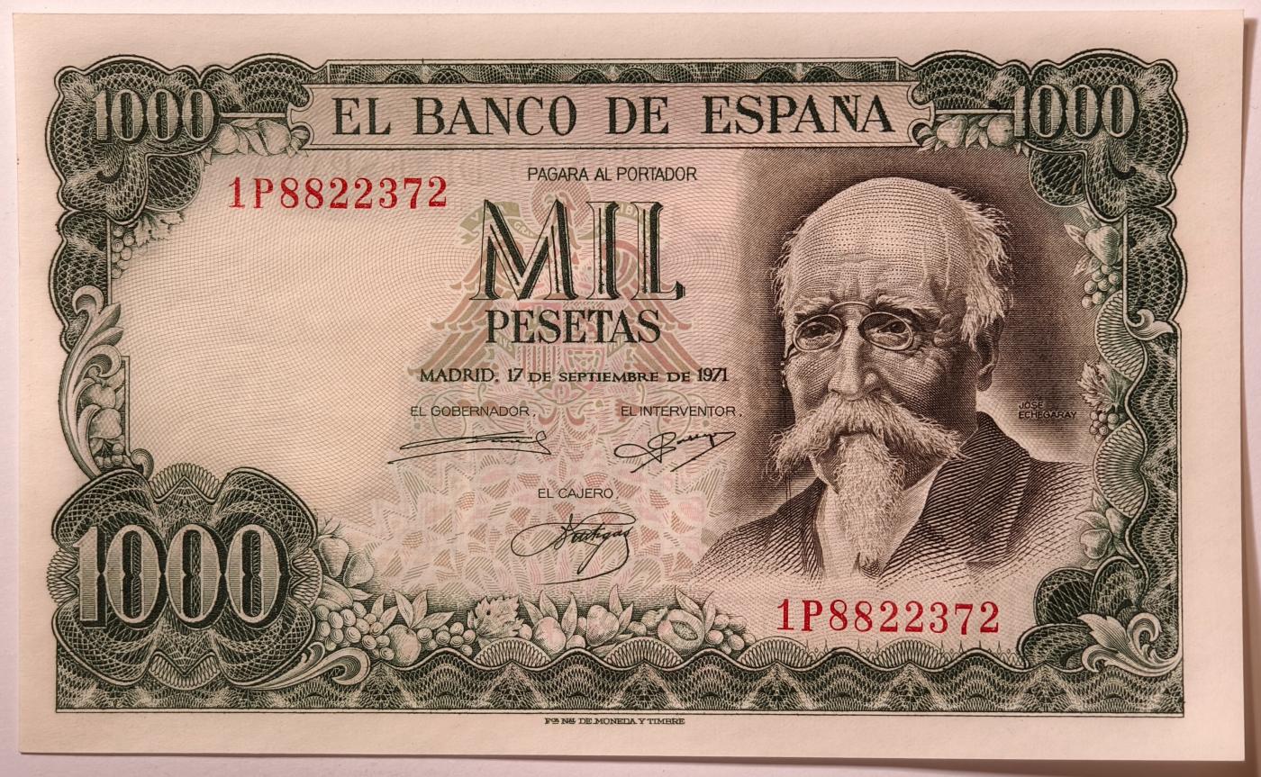 紫瑗钱币——第363期拍卖——纸币场 西班牙 1971(1974)年 何塞·埃切加赖 1000比塞塔 UNC (P-154)
