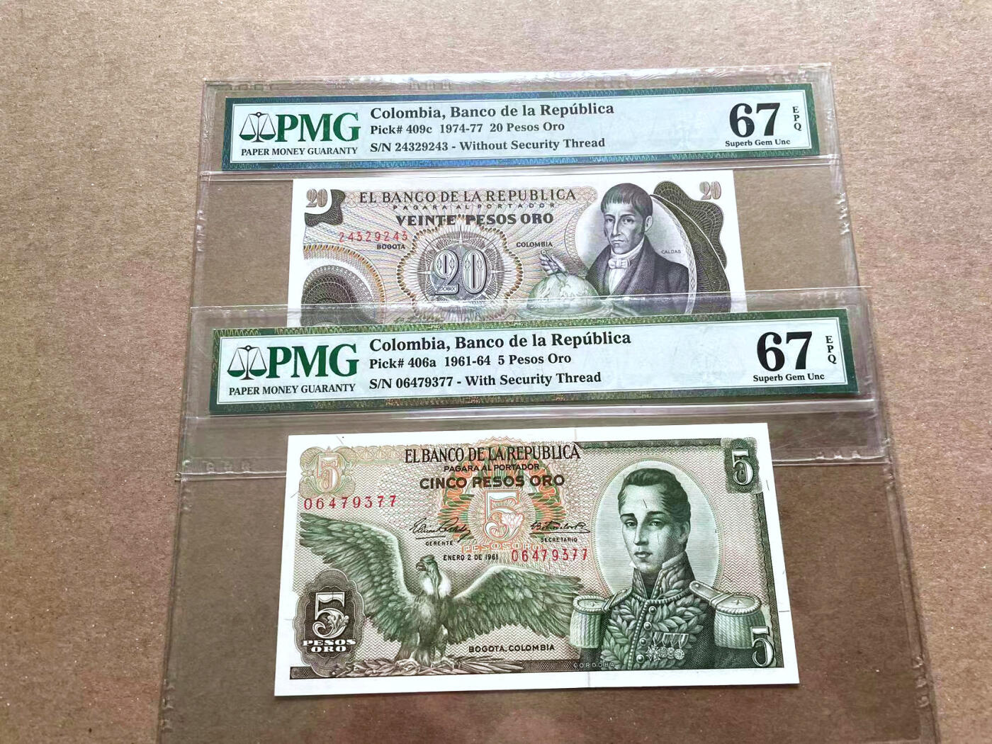 【Blue Auction】✨世界纸币精拍第476期【精】 【一组2张】哥伦比亚 1961-77年5-20比索 PMG67EPQ 