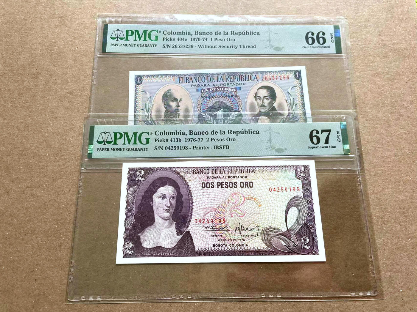 【Blue Auction】✨世界纸币精拍第476期【精】 【一组2张】哥伦比亚 1970-77年1-2比索 PMG67EPQ-66EPQ 