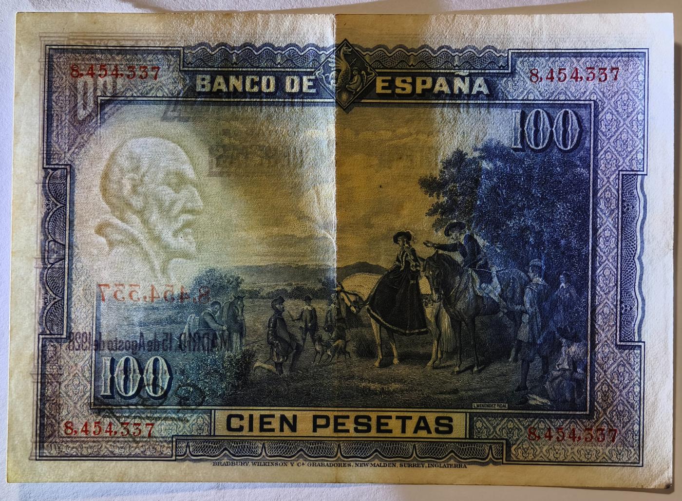 紫瑗钱币——第363期拍卖——纸币场 西班牙 1928年 中央银行 油画《唐吉坷德》 100比塞塔 AU+