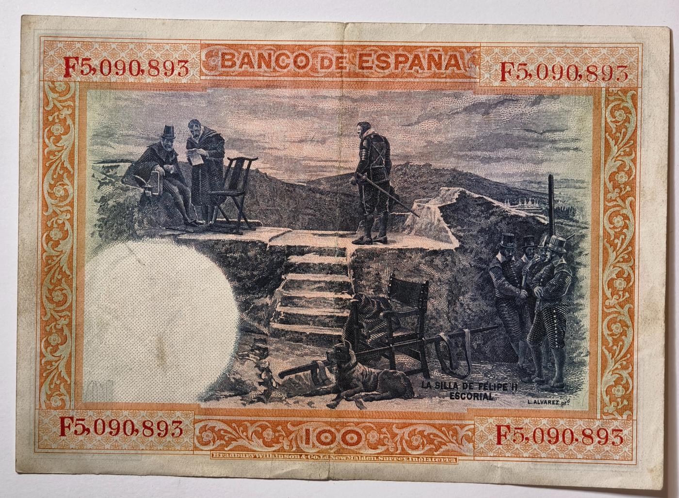 紫瑗钱币——第389期拍卖——纸币场 西班牙 1925年 油画《腓力二世的座椅》 100比塞塔 AU