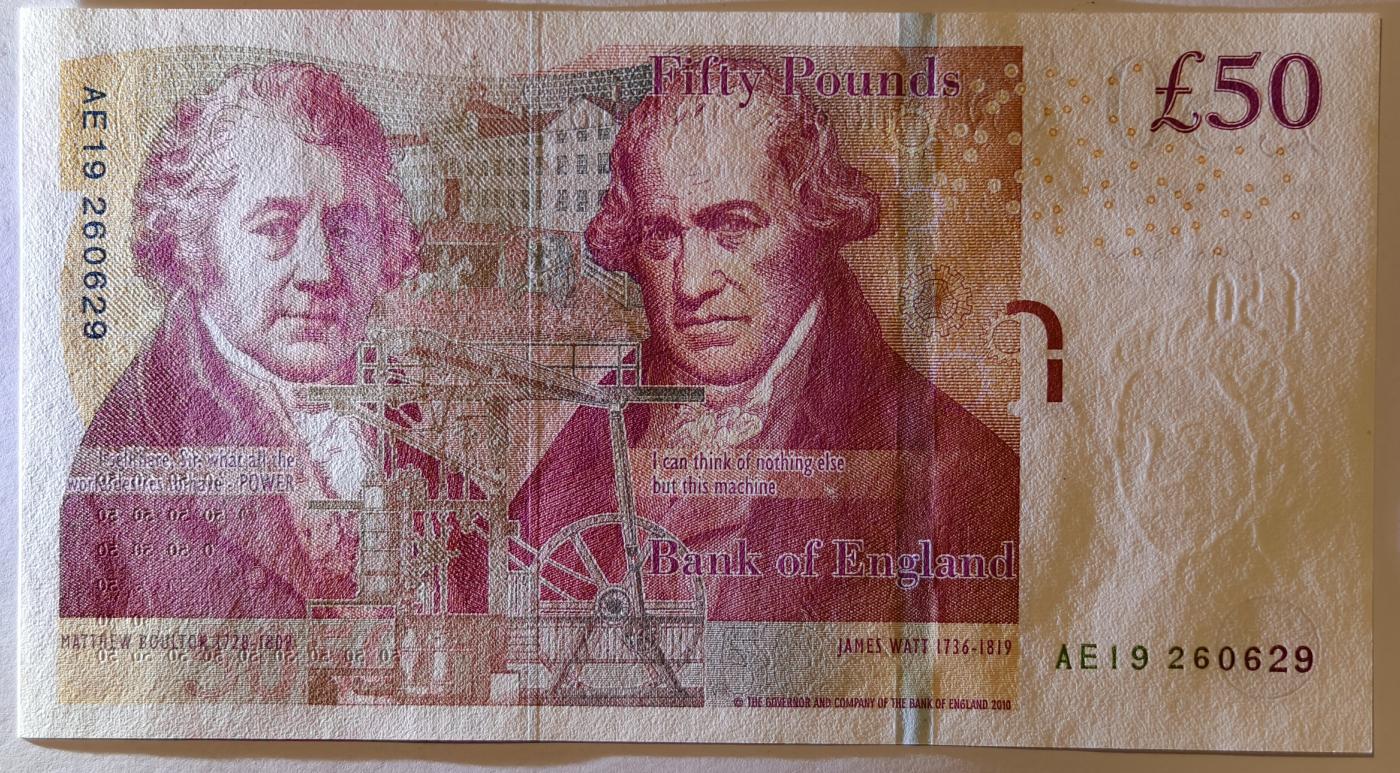 紫瑗钱币——第377期拍卖——纸币场 英国2010年 F序列 工程师瓦特(蒸汽机发明者)和其推广合作者博尔顿 50镑 UNC