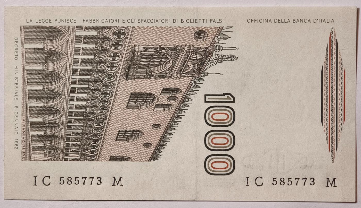 紫瑗钱币——第391期拍卖——纸币场 意大利 1982年 达·芬奇 1000里拉 UNC (P-109a)