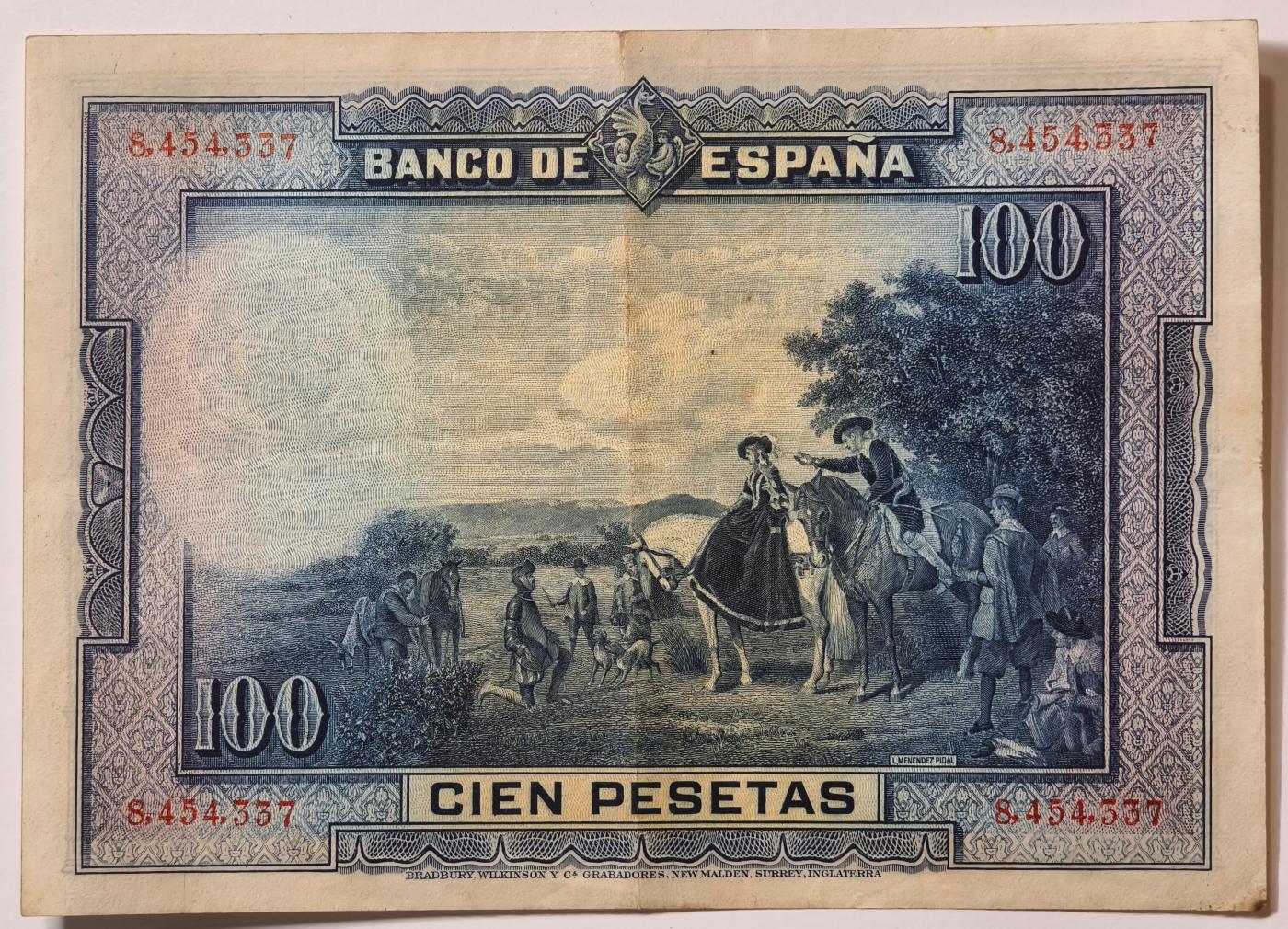 紫瑗钱币——第363期拍卖——纸币场 西班牙 1928年 中央银行 油画《唐吉坷德》 100比塞塔 AU+