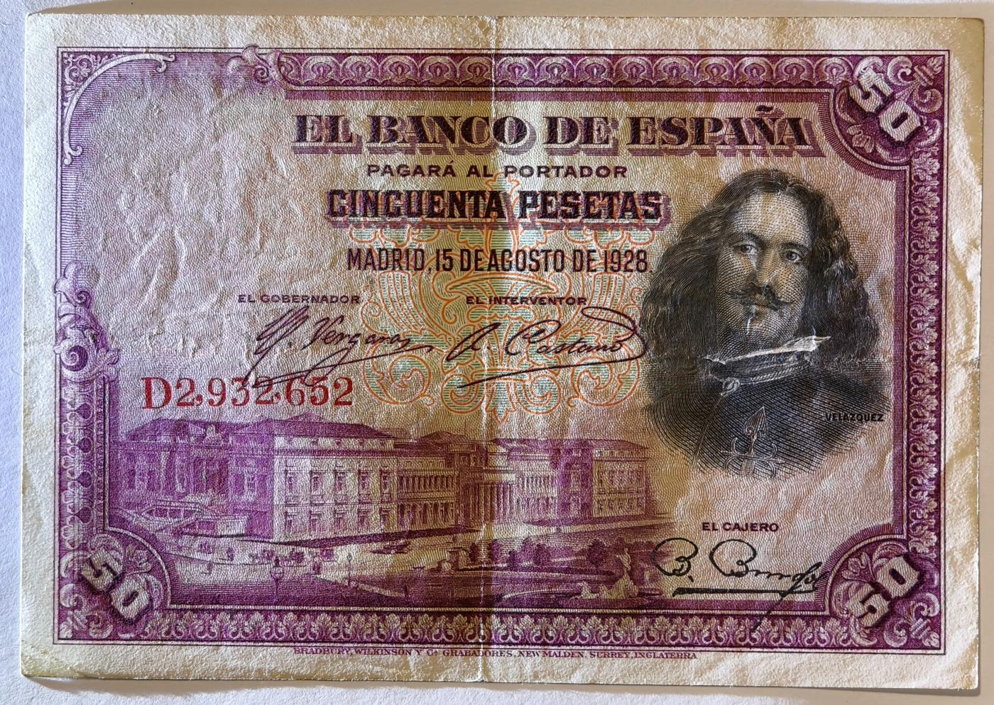 紫瑗钱币——第391期拍卖——纸币场 西班牙 1928年 油画《布雷达的献城》50比塞塔 UNC- 有折