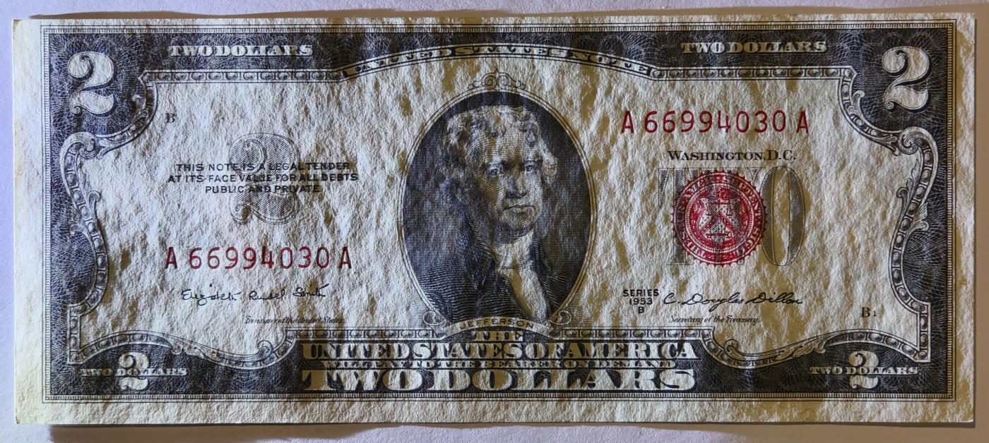紫瑗钱币——第349期拍卖——纸币场 美国 1953年 B序列 托马斯·杰斐逊 2美元 红印 政府券 UNC-