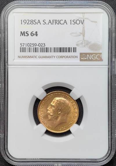 第35期钱币微拍 全场顺丰包邮  - NGC MS64 英属南非 1928年 乔治五世 1sov金币 美品