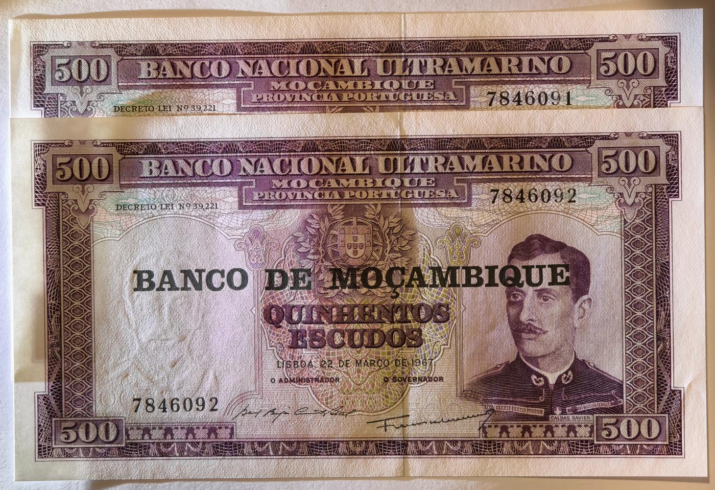 紫瑗钱币——第349期拍卖——纸币场 葡属莫桑比克 1967年 500埃斯库多 加盖 2张一组 UNC