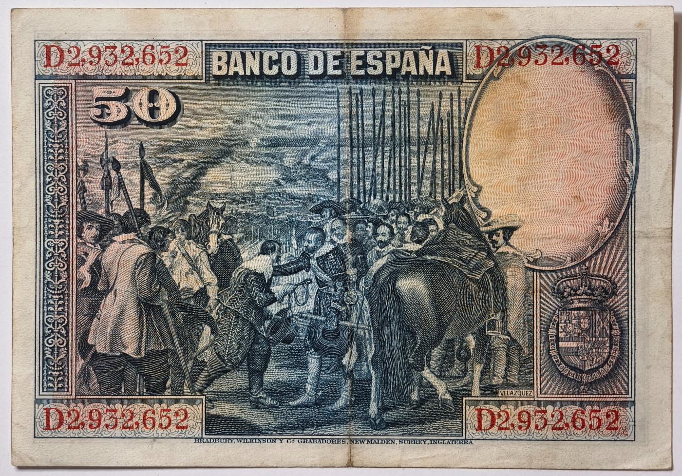 紫瑗钱币——第391期拍卖——纸币场 西班牙 1928年 油画《布雷达的献城》50比塞塔 UNC- 有折