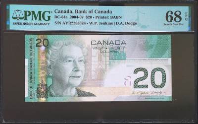 世界靓号纸钞第四十七期-全网唯一大猩猩68 - 2004年加拿大20元 稀少首发冠AYR PMG68 亚军分 2004年IBNS世界最佳纸币 也是唯一一张获奖的女王钞