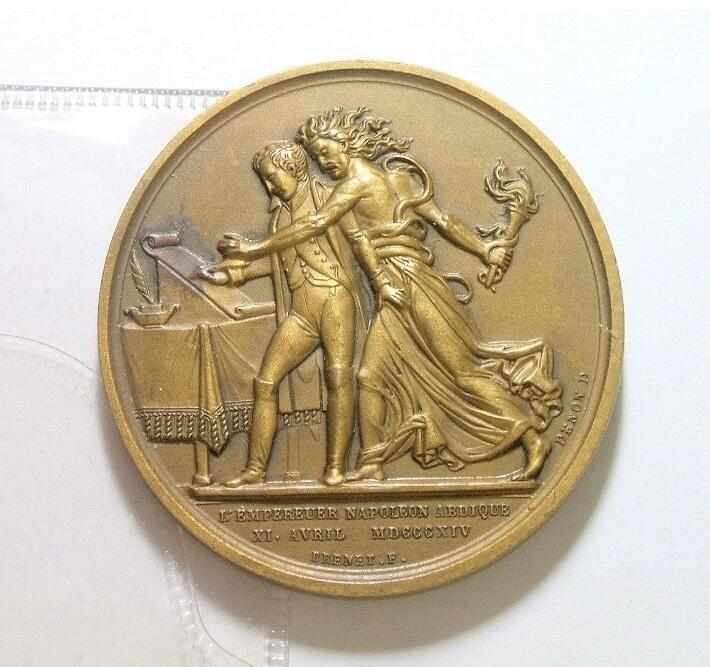 法国1814年 拿破仑第一次退位高浮雕精制大铜章 40MM