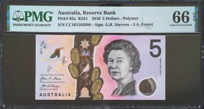 世界靓号纸钞第四十七期-全网唯一大猩猩68 - 2016年澳大利亚5元 首发年份 全程无47豹子号888 PMG66 澳大利亚历史上最后一张女王钞 马上就会发行新版5元来代替女王头像