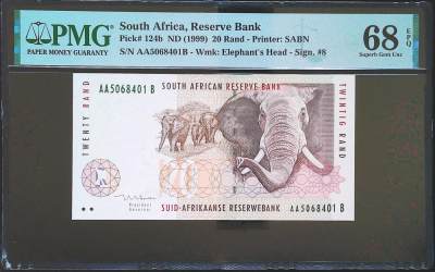世界靓号纸钞第四十七期-全网唯一大猩猩68 - 1999年南非20兰特 首发AA冠 PMG68 非洲经典五霸