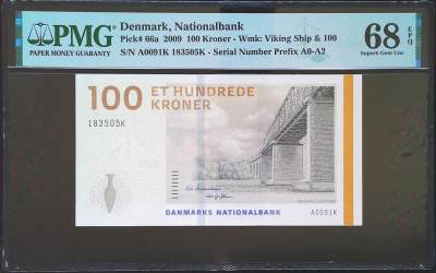 世界靓号纸钞第四十七期-全网唯一大猩猩68 - 2009年丹麦100克朗 A0首发冠 全程无47 PMG68 超高分 初版仅六张更高