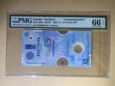【礼羽收藏】🌏世界钱币拍卖第103期 - 【MM0001199】1999年 北爱尔兰5镑 塑料纪念钞 无23457双尾99 倒置号 千位号 四对子 尾AABB靓号 Ireland - Northern    ""Commemorative"", £5 NR128    1999 - Printer: CBN
