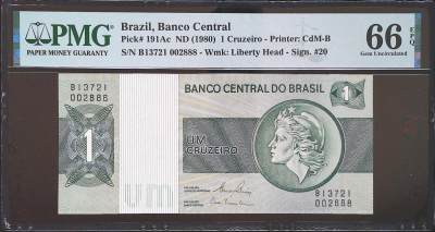 世界靓号纸钞第四十七期-全网唯一大猩猩68 - 1980年巴西老版1克鲁塞罗 千位号无347 全偶数 豹子号888 PMG66
