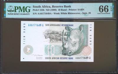 世界靓号纸钞第四十七期-全网唯一大猩猩68 - 1999年南非10兰特 首发AA冠 PMG66 经典非洲五霸