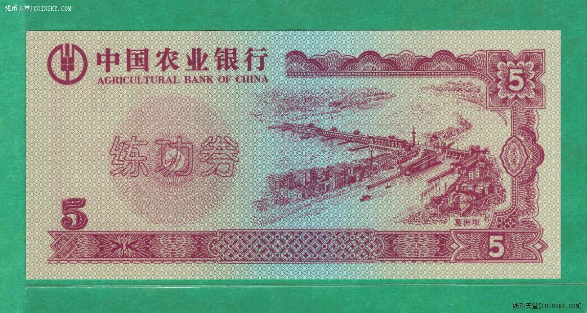 中国农业银行练功券5元 保定钞票纸厂证券分厂印制 实物图 UNC