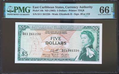 世界靓号纸钞第四十七期-全网唯一大猩猩68 - 1965年东加勒比5元 全程无3457 PMG66 经典戎装女王
