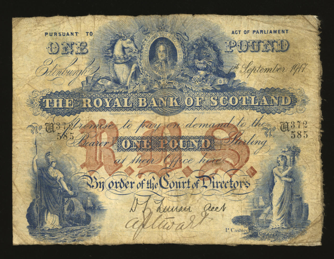 泓盛2024年春季拍卖会 纸币 18-20号3天 1917年苏格兰皇家银行（The Royal Bank Of Scotland）1英镑，有水印，原汁原味，七成新