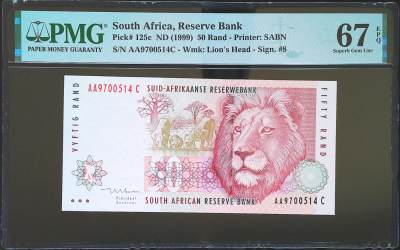 世界靓号纸钞第四十七期-全网唯一大猩猩68 - 1999年南非50兰特 首发AA冠 PMG67 经典非洲五霸