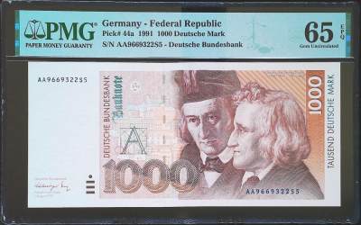 世界靓号纸钞第四十七期-全网唯一大猩猩68 - 1991年德国1000马克 首发AA冠 全程无47 PMG65 经典格林兄弟