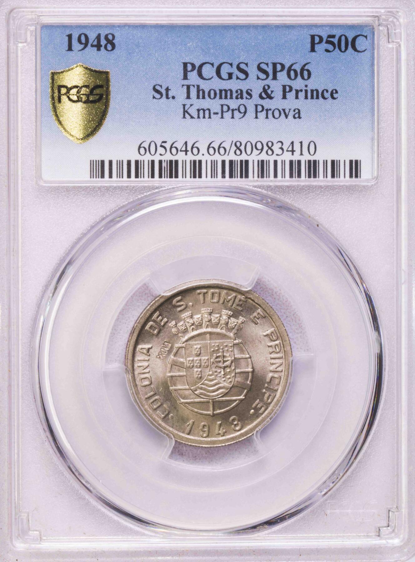 PCGS-SP66 1948葡属圣多美50分镍币 唯一冠军 早期年份 prova样币