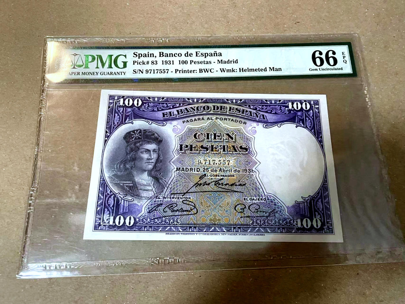 【Blue Auction】✨世界纸币精拍第477期——周日畅拍场 西班牙 1931年100比塞塔  PMG66EPQ