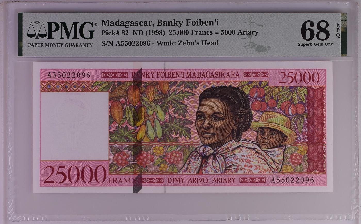 收藏联盟Quantum Auction 第346期拍卖  马达加斯加1998年25,000 Francs = 5000 Ariary首发A冠 PMG68  号码无347 最高面值