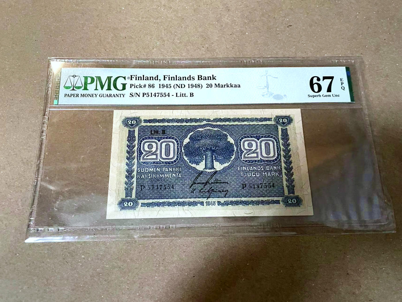 【Blue Auction】✨世界纸币精拍第477期——周日畅拍场 芬兰 1945年20马克 PMG67EPQ 高分