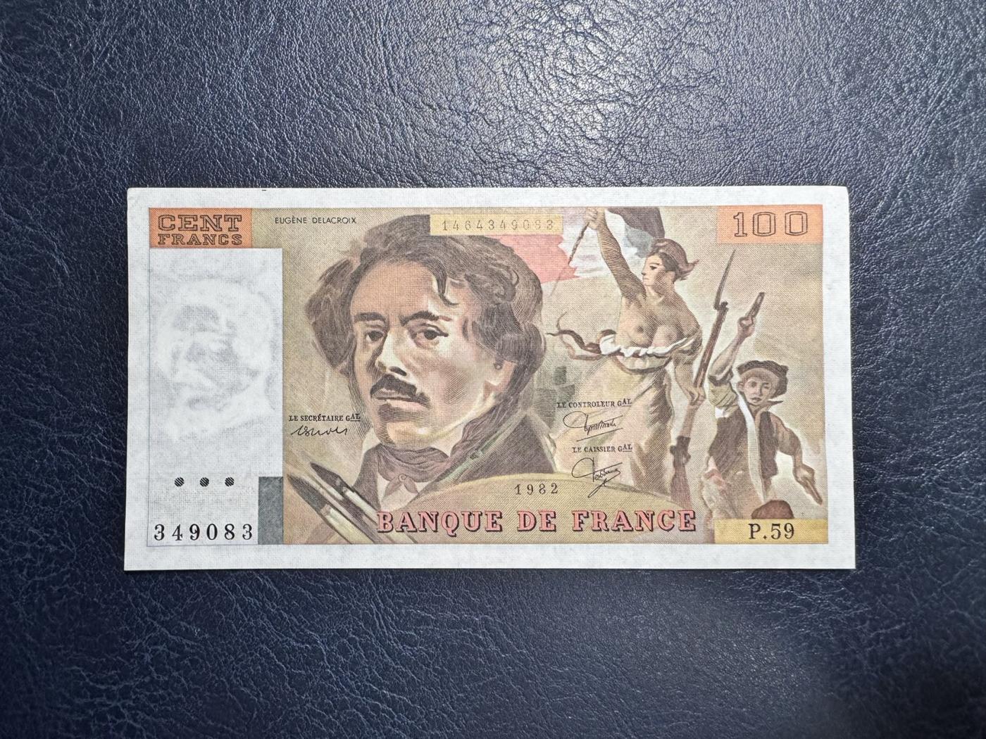 收藏联盟Quantum Auction 第346期拍卖  法国1982年100法郎 品相UNC-  票面边缘有轻微夹痕和角有瑕疵 自由引导人民 早期年份