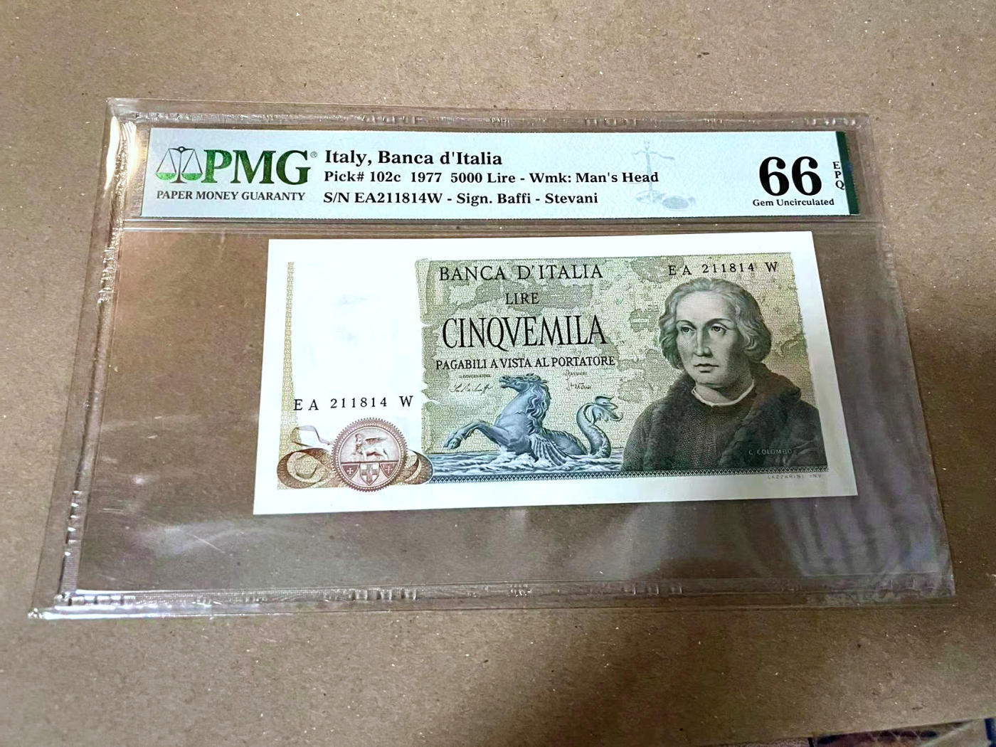 【Blue Auction】✨世界纸币精拍第477期——周日畅拍场 意大利 1977年5000里拉 哥伦布 PMG66EPQ 